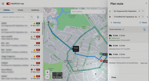 planning a route using MyEROAD route planning tool features