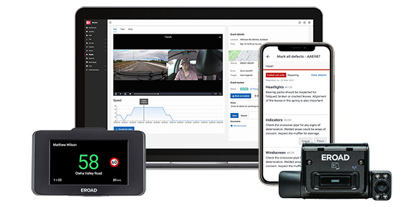eroad telematic and dashcam devices and software shown on screen