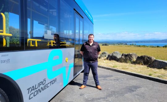 Taupo EV Connector bus and Tranzit Coachlines Central Manager Connor Mear