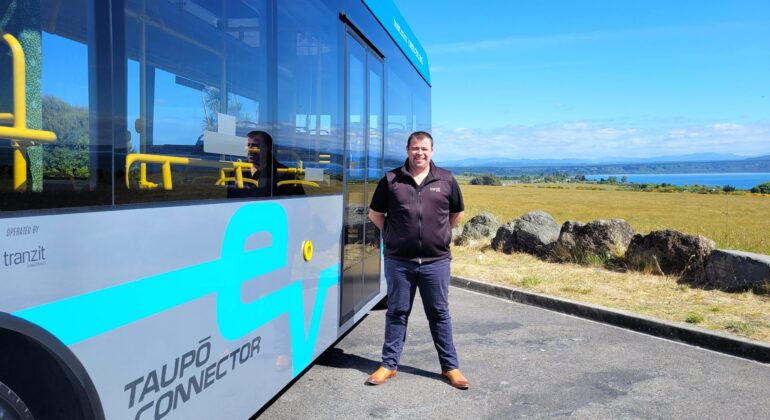 Taupo EV Connector bus and Tranzit Coachlines Central Manager Connor Mear