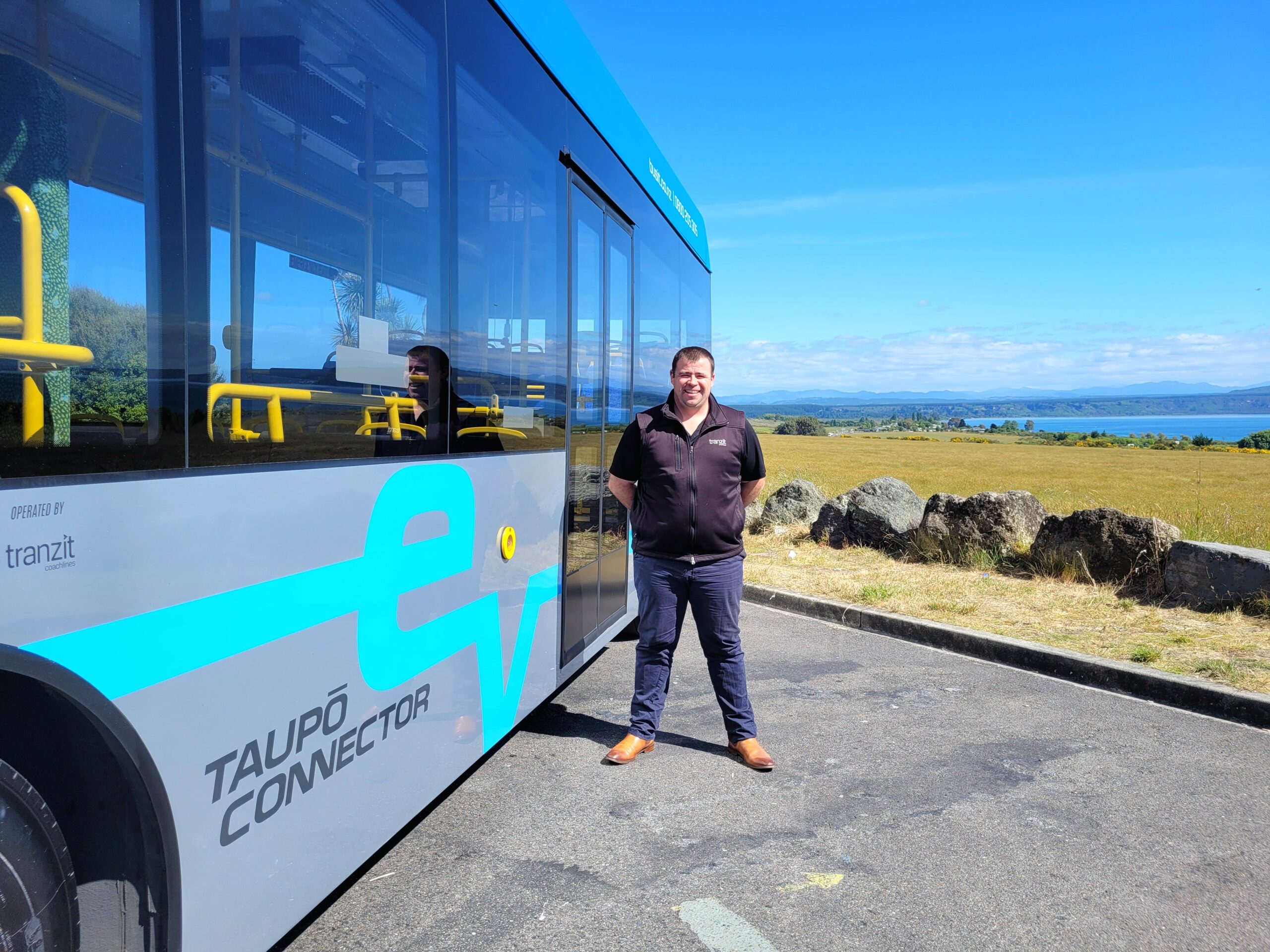 Taupo EV Connector bus and Tranzit Coachlines Central Manager Connor Mear