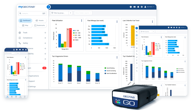MyGeotab end-to-end dashboard with device mockup