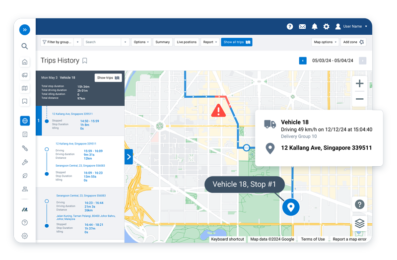 MyGeotab UI screenshot showing trips history popup.